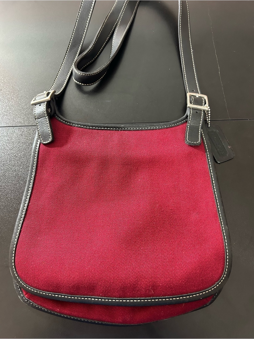 Coach COC-8114 Burgundy Twill Black Leather Trim Crossbody Shoulder Bag USA Made